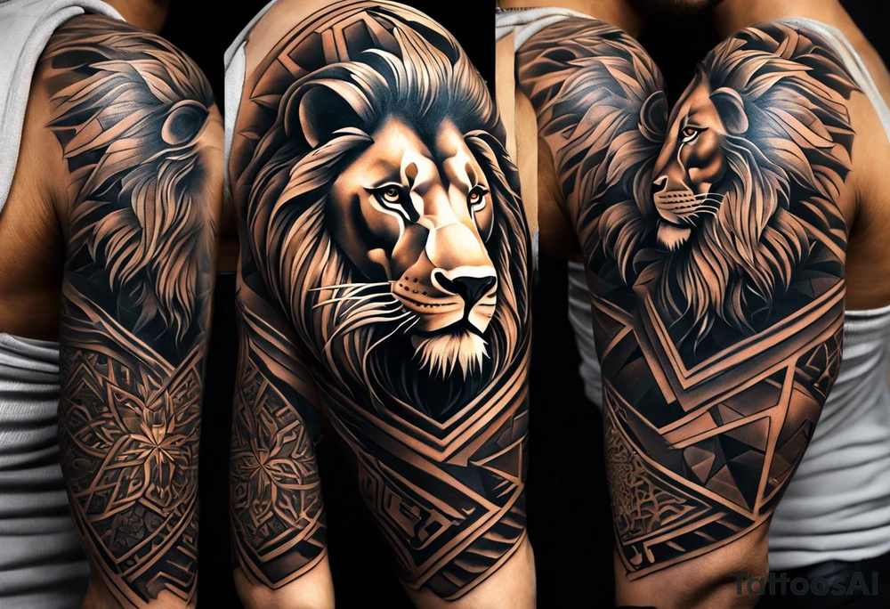 A full tattoo sleeve designed with a strong, masculine aesthetic, featuring a powerful lion as the centerpiece. The lion, symbolizing strength, courage, and leadership, is depicted with intricate detail and dynamic shading, capturing its fierce expression and majestic mane. Surrounding the lion, incorporate geometric patterns that add structure and contrast to the design. These patterns are bold and angular, creating a sense of order and symmetry that complements the natural form of the lion. The geometric elements are woven around the lion, emphasizing its central position while providing a modern, edgy backdrop. The shading throughout the sleeve is deep and dramatic, enhancing the contrast between the organic features of the lion and the precise lines of the geometric patterns. The overall design is bold, intense, and visually striking, combining the raw power of the lion with the clean, ordered aesthetic of geometric patterns for a cohesive and masculine tattoo sleeve. tattoo idea