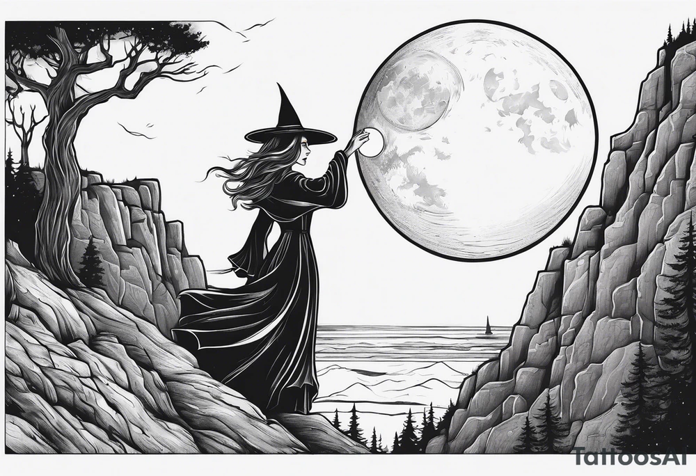 witch holding the moon on a cliff tattoo idea