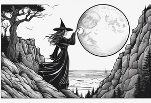 witch holding the moon on a cliff tattoo idea
