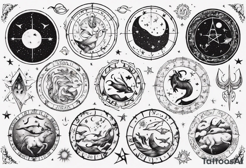 nigh sky, showing zodiac sign for Pisces and Taurus tattoo idea