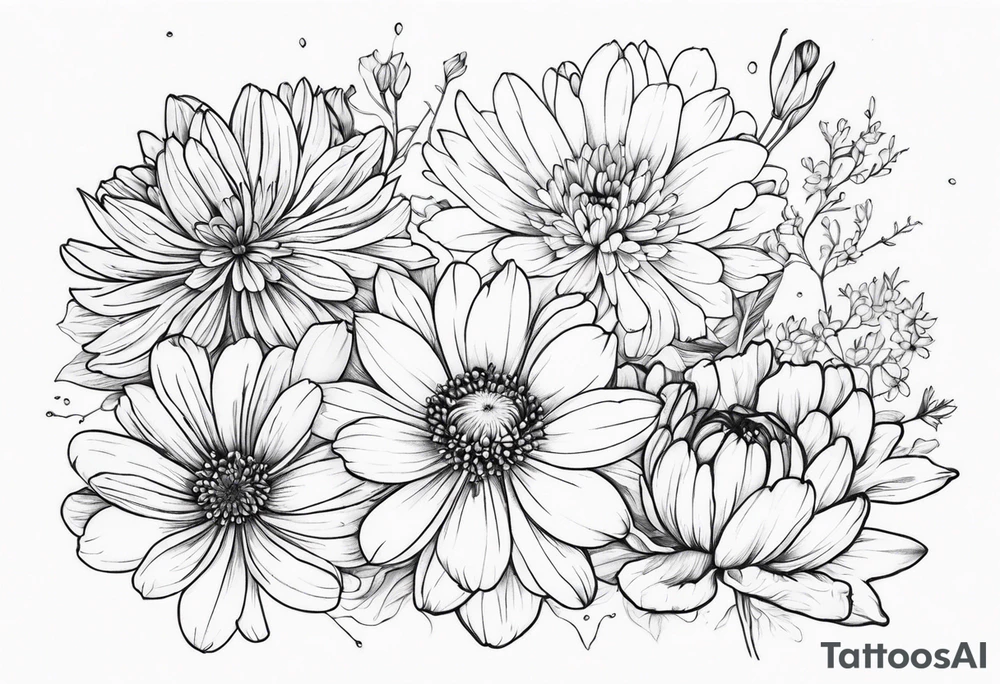 cosmos, chrysanthemums,and narcissus flowers tattoo idea