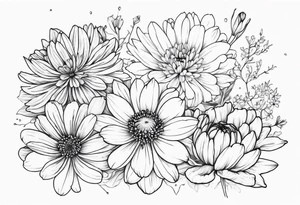 cosmos, chrysanthemums,and narcissus flowers tattoo idea