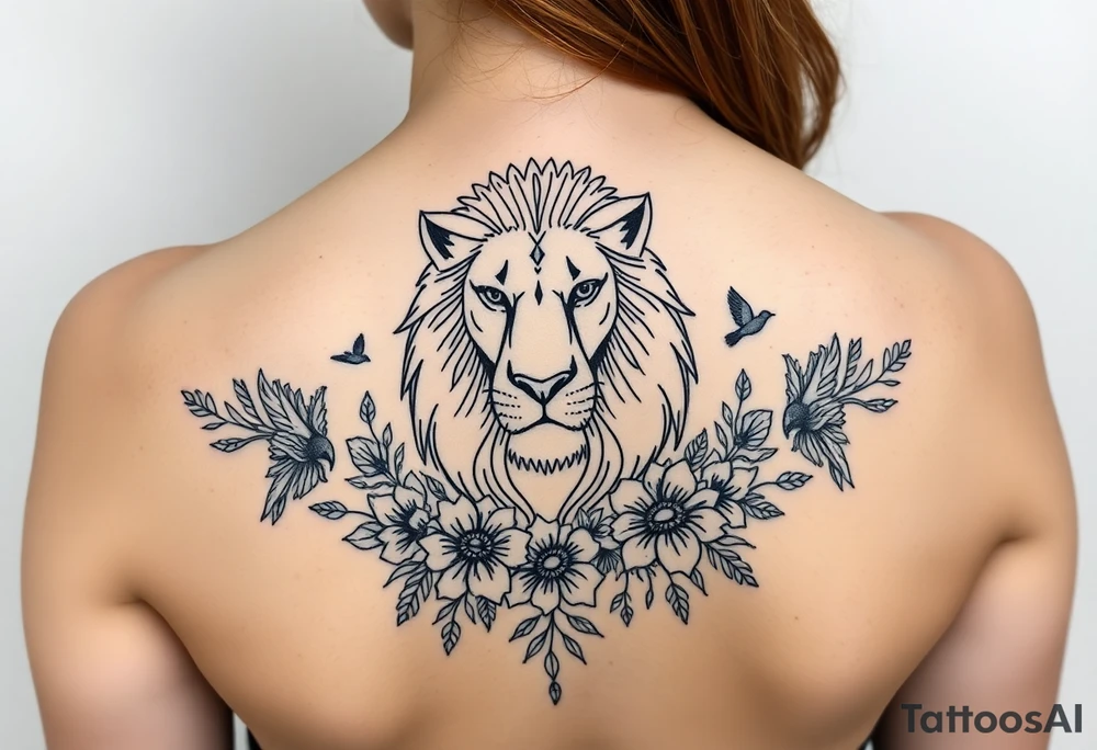 powerful majestic lion with a crown, surrounded by floral ornaments and birds tattoo idea
