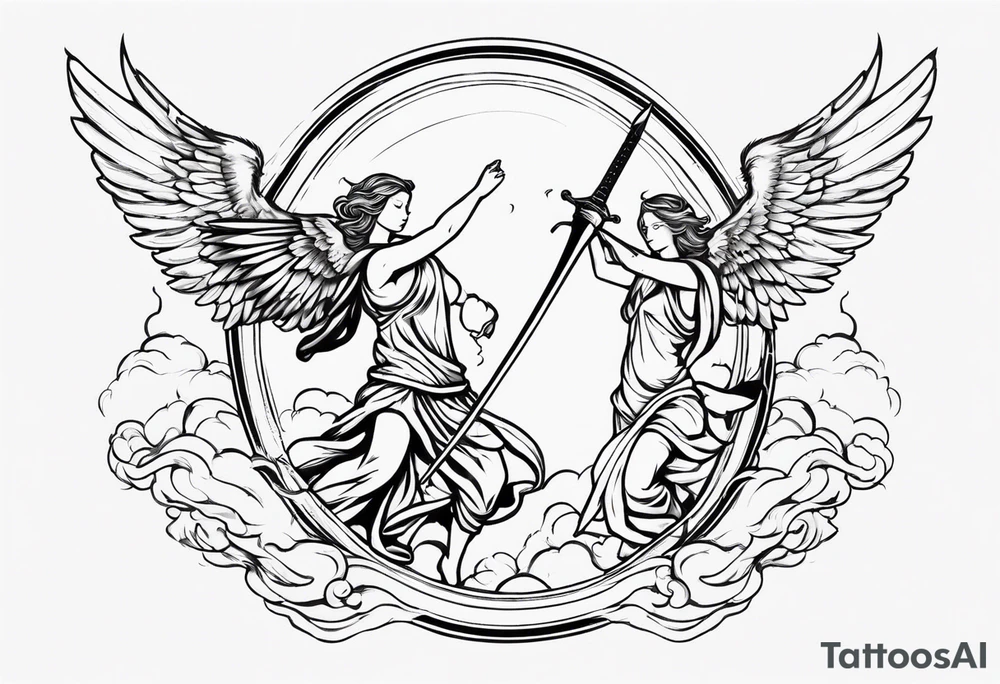 Angels with sword & Shield in sky tattoo idea