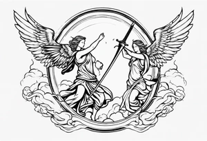Angels with sword & Shield in sky tattoo idea
