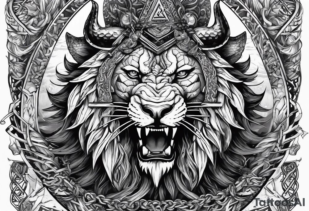Valhalla sword shield  axe lion dragon 
Valknut barbed wire chains tattoo idea