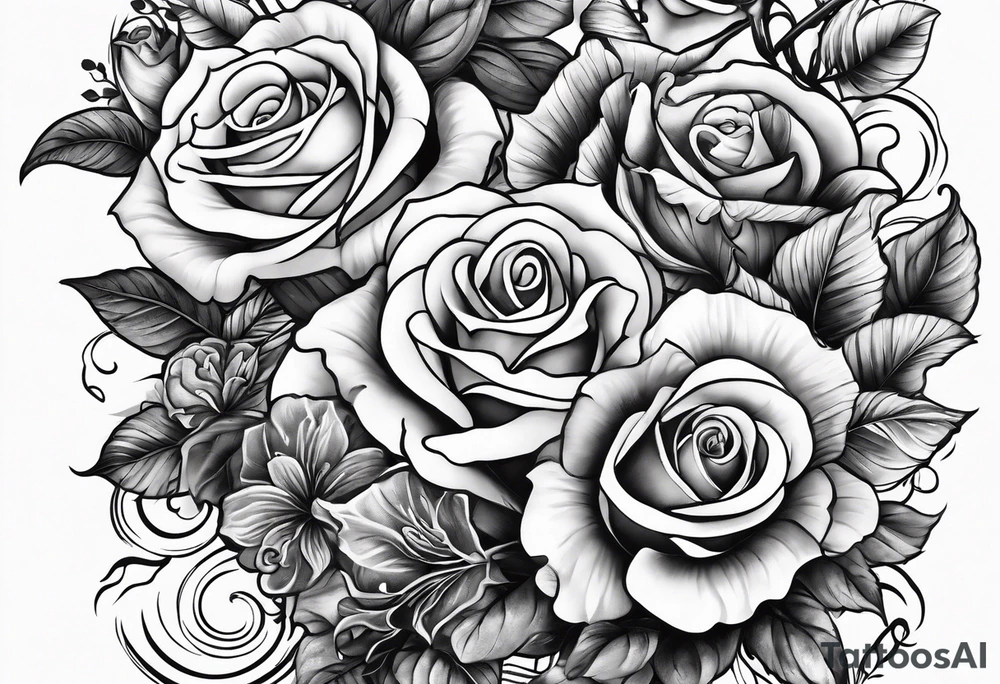 Tattoo thigh peice with Roses and flowers With nursing and hunting and cows and bulls and fishing and love and church. tattoo idea