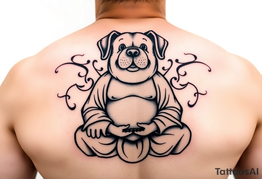 Meditating fat Buddha with happy dog head with floppy ears tattoo idea