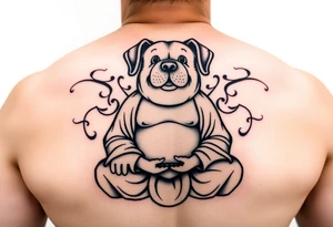 Meditating fat Buddha with happy dog head with floppy ears tattoo idea