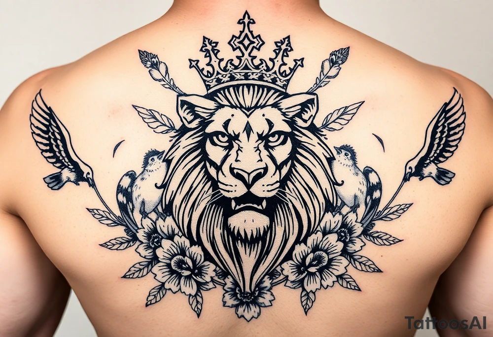 powerful majestic lion with a crown, surrounded by floral ornaments and birds tattoo idea
