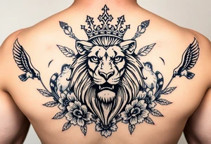 powerful majestic lion with a crown, surrounded by floral ornaments and birds tattoo idea