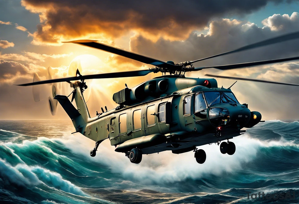 A cinematic-style tattoo depicting a Canadian military CH-148 Cyclone helicopter performing a daring maneuver over a turbulent ocean. The sky should be filled with dramatic clouds, and the sun should be setting, casting long shadows. The helicopter should be the main focus, with intricate details and a sense of motion. In the background, a poppy should be prominently displayed, and a quote from 'Lest We Forget' should be included tattoo idea
