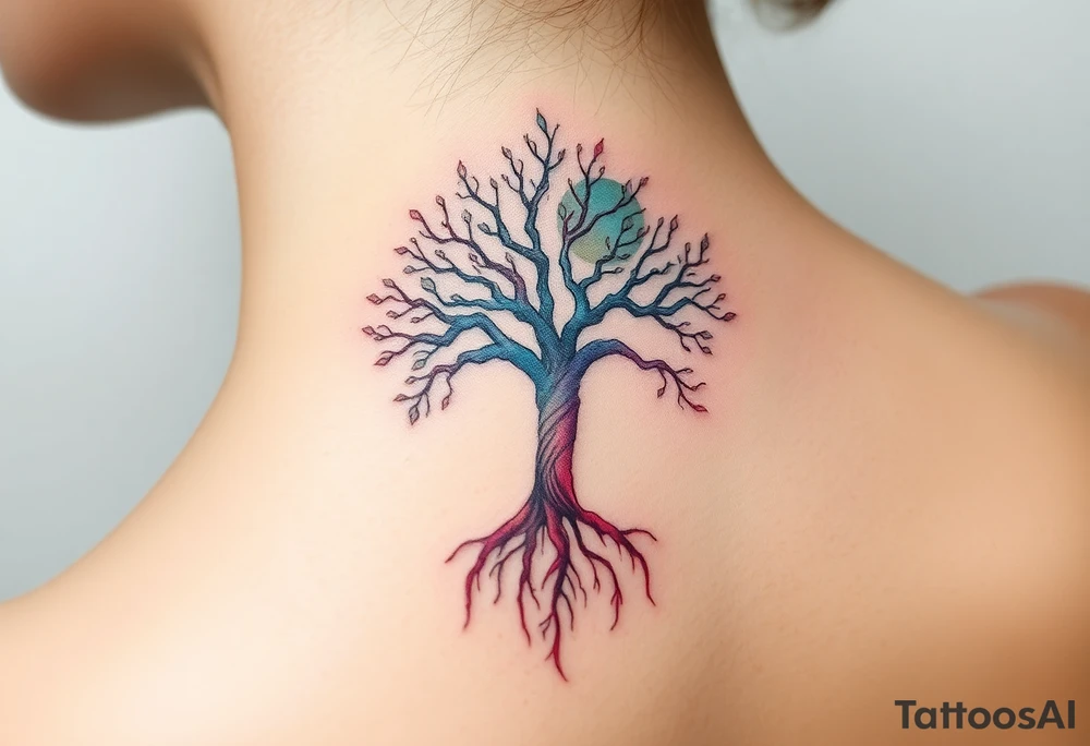 mystical tree of life with cosmic roots and celestial branches tattoo idea