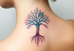 mystical tree of life with cosmic roots and celestial branches tattoo idea