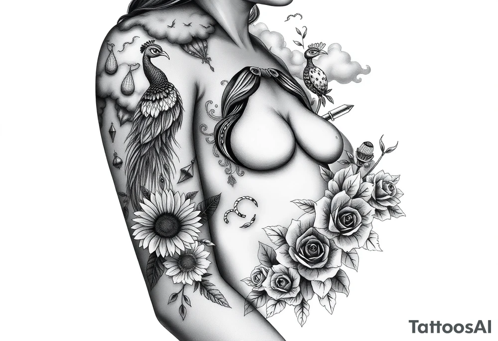 Storm, darkness, seven deadly sins, fat naked woman, peacock, dead sunflower and rosesflowers, razor blades, noose, couple having sex , cupcake ,cigerettes storm clouds tattoo idea