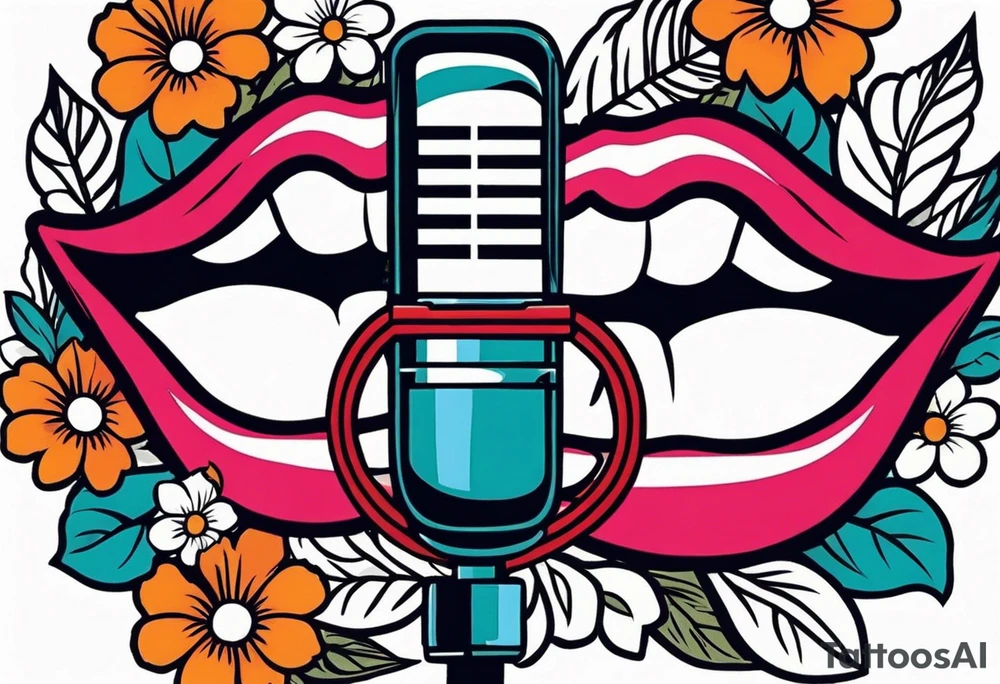 lips singing old school vintage traditional
flowers around and mouth next to microphone
bold and colorful simple design comic book tattoo idea