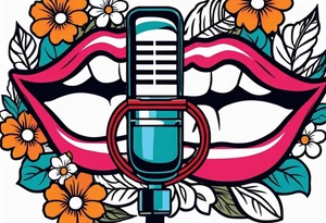 lips singing old school vintage traditional
flowers around and mouth next to microphone
bold and colorful simple design comic book tattoo idea