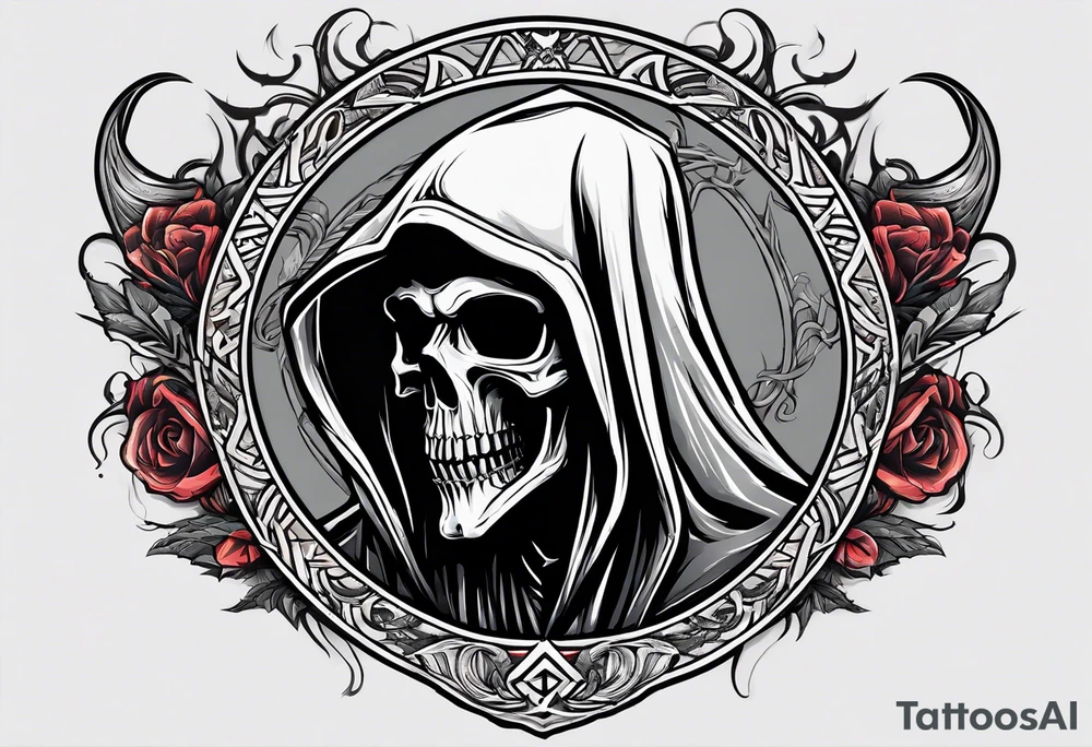 A full body grim reaper with his hood completely off, a halo above his head. tattoo idea