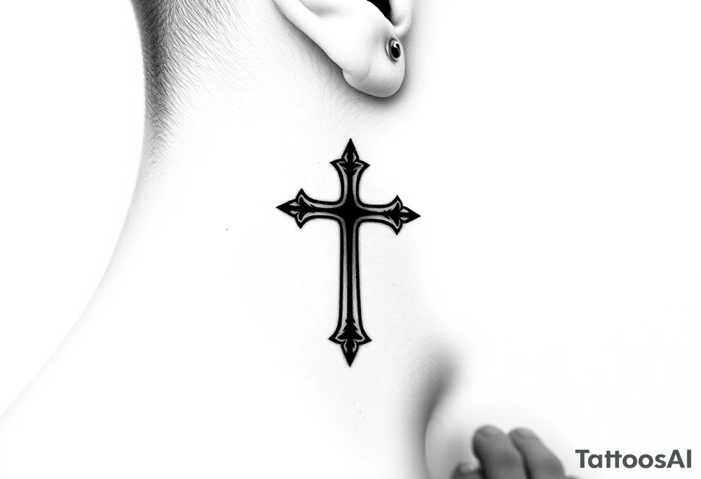 orthodox christian cross relatively small on side of left neck tattoo idea