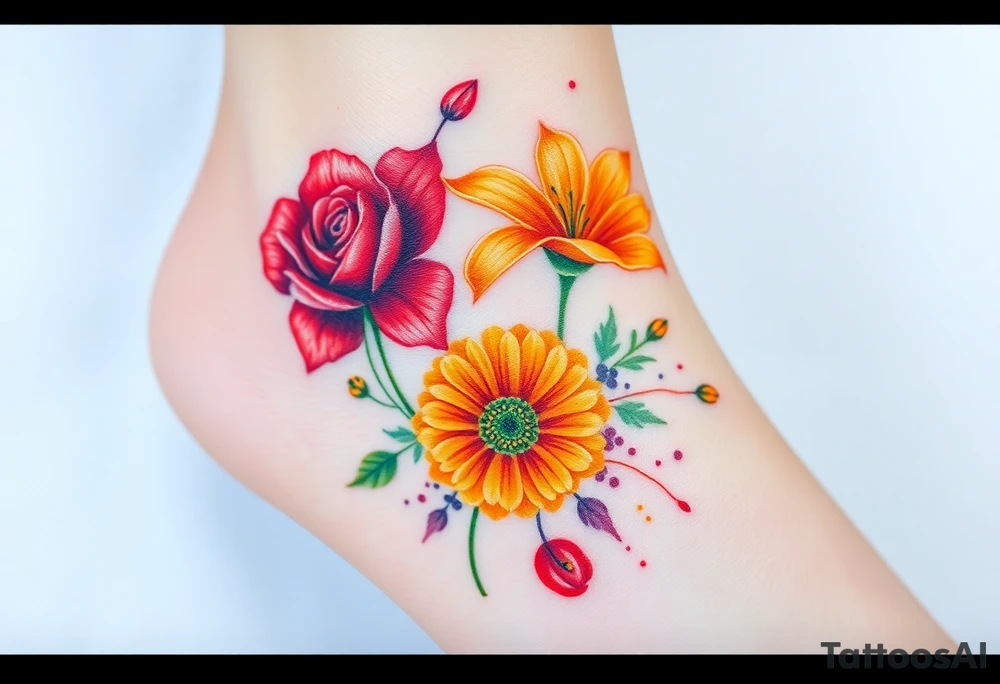 a colorful, vibrant, watercolor tattoo with one red rose, one orange lily, one gold marigold, and one orange cosmos flower and with splashes of color tattoo idea