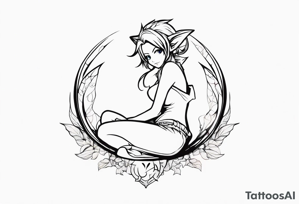 No background and no color sketch of a fairy with a tail inspired by the guild symbol in the anime show called Fairy Tail in a fetal position leaning in and forward while crawled in tattoo idea