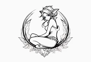 No background and no color sketch of a fairy with a tail inspired by the guild symbol in the anime show called Fairy Tail in a fetal position leaning in and forward while crawled in tattoo idea