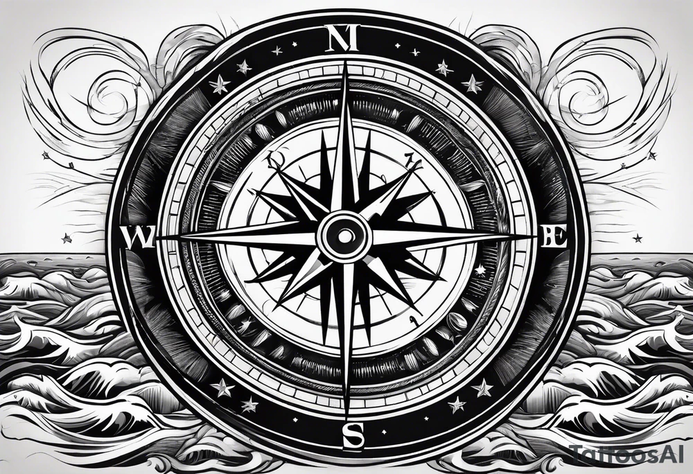 compass surrounded by stars and 
 ocean waves tattoo idea