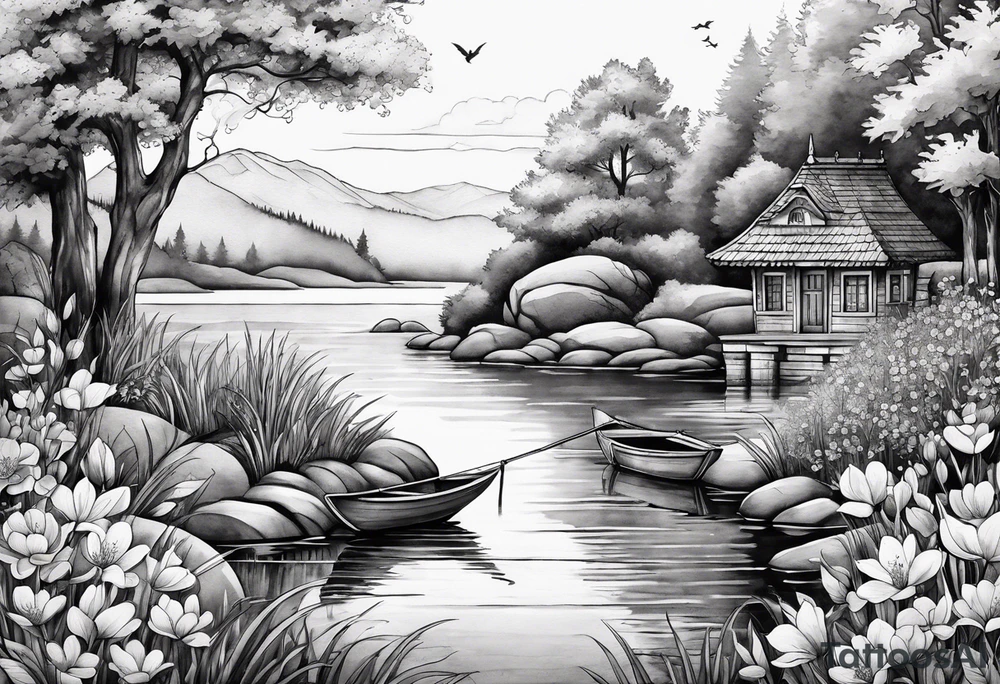 Secret, hidden garden, flowers, lake tattoo idea