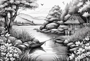 Secret, hidden garden, flowers, lake tattoo idea