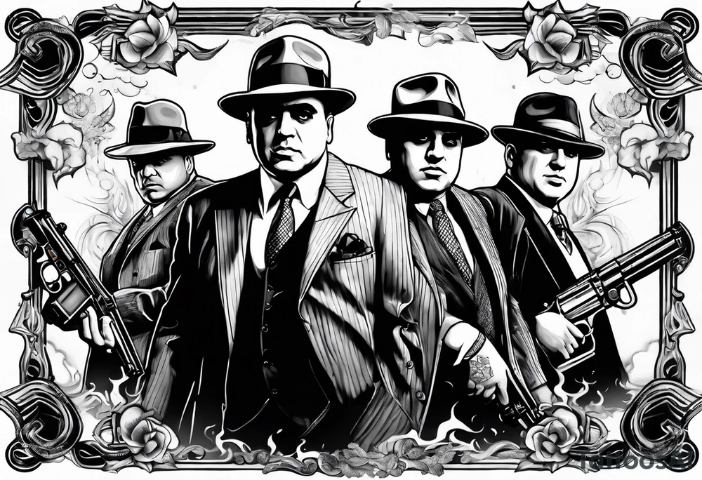 group of gangsters including Al Capone with machine guns surrounded by smoke and fire tattoo idea