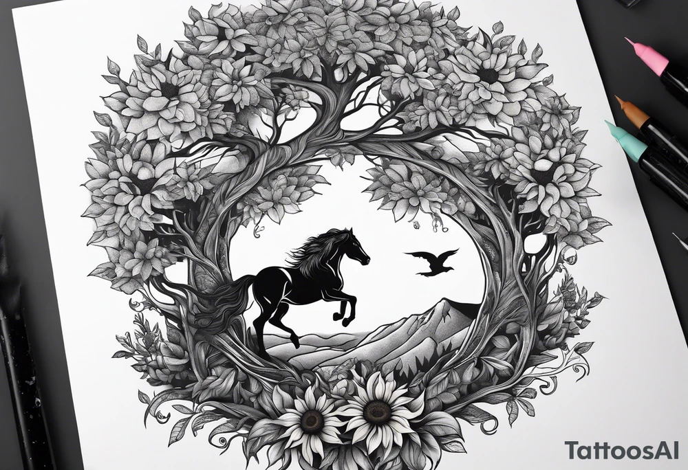 Yggdrasil tree, horse in front of it, and sunflowers tattoo idea