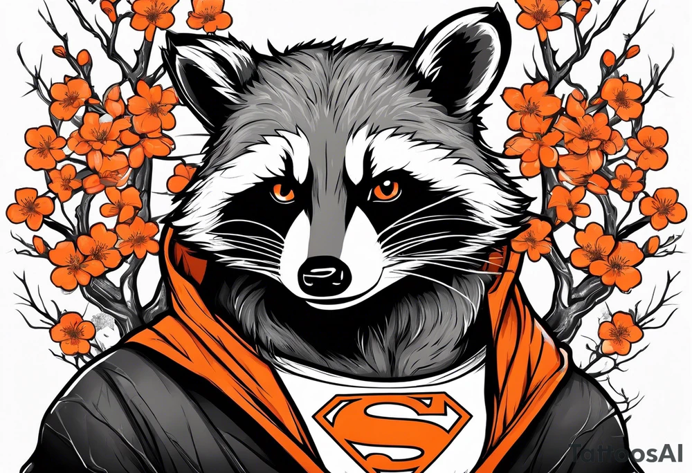 Raccoon wearing a white Superman logo on a black hoodie and orange Japanese cherry blossoms beside tattoo idea