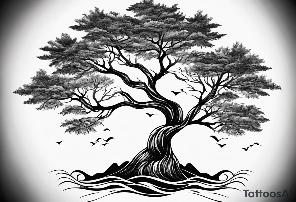 concept design, trees, ocean waves, flames tattoo idea concept design, trees, ocean waves, flames tattoo idea