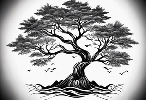 concept design, trees, ocean waves, flames tattoo idea