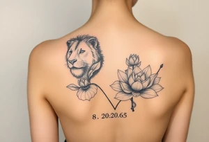 lion face as one of the lotus flowers then the rest blooming lotus flowers in mist with the date 8/20/65 tattoo idea
