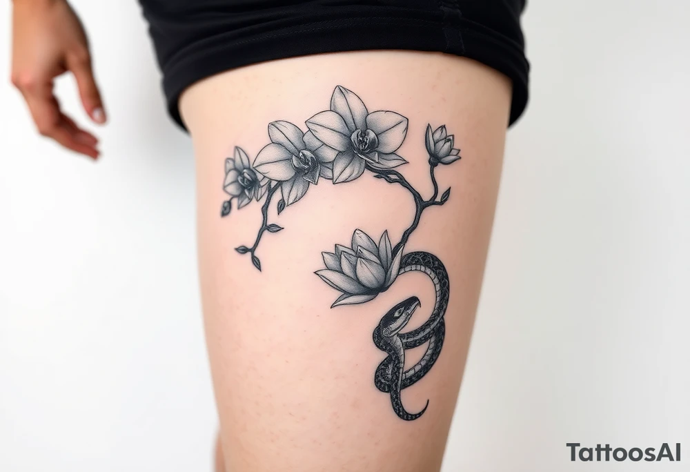 Orchid or cherry blossom tree and lotus and snake on a woman tattoo idea