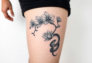 Orchid or cherry blossom tree and lotus and snake on a woman tattoo idea