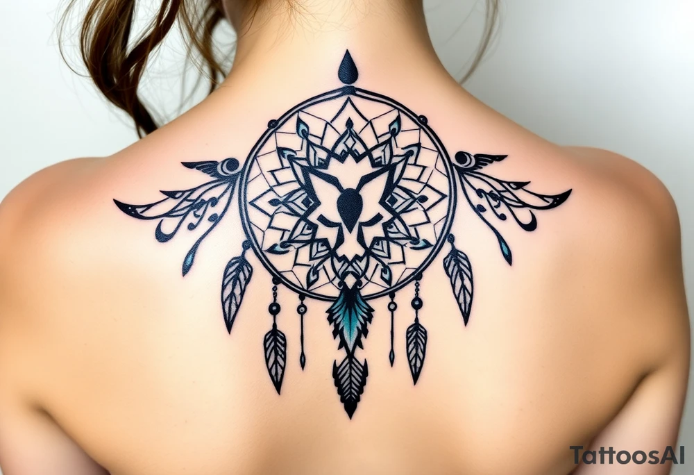 Dreamcatcher with zodiac symbols and protection runes caught in it with wolf teal tattoo idea