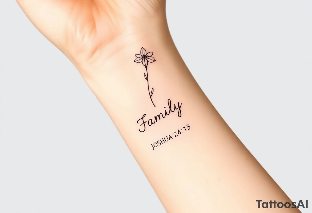 Narcissus flower at the top, drawn in single-needle fine line

Slim stem flowing naturally downward

Stem softens and transitions into “Family” in gentle cursive

“Joshua 24:15” sits underneath in tiny, clean lettering

Vertical flow = elegant, feminine, and perfectly suited to the inner wrist

Overall height: ~5–7 cm (subtle, timeless, not heavy) tattoo idea