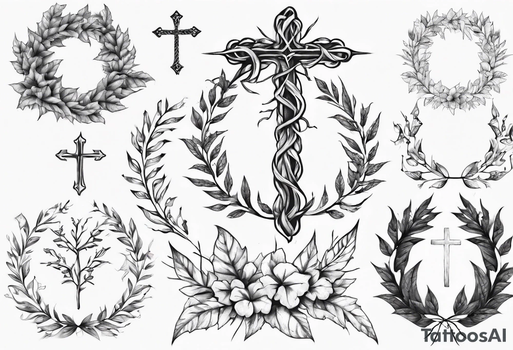 wreath leaves and the cross at the end of the leaves connecting tattoo idea