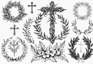 wreath leaves and the cross at the end of the leaves connecting tattoo idea