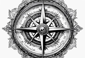 Compass dial with the names Chris Hannah Holly Millie tattoo idea