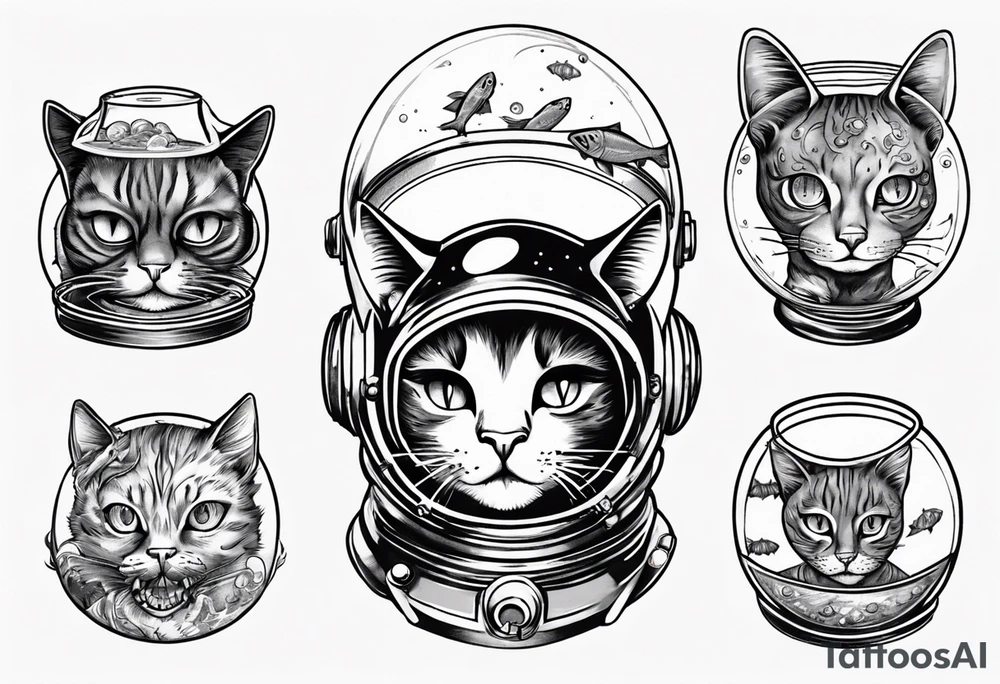 Space cat with a fish bowl on head tattoo idea
