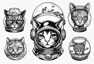 Space cat with a fish bowl on head tattoo idea