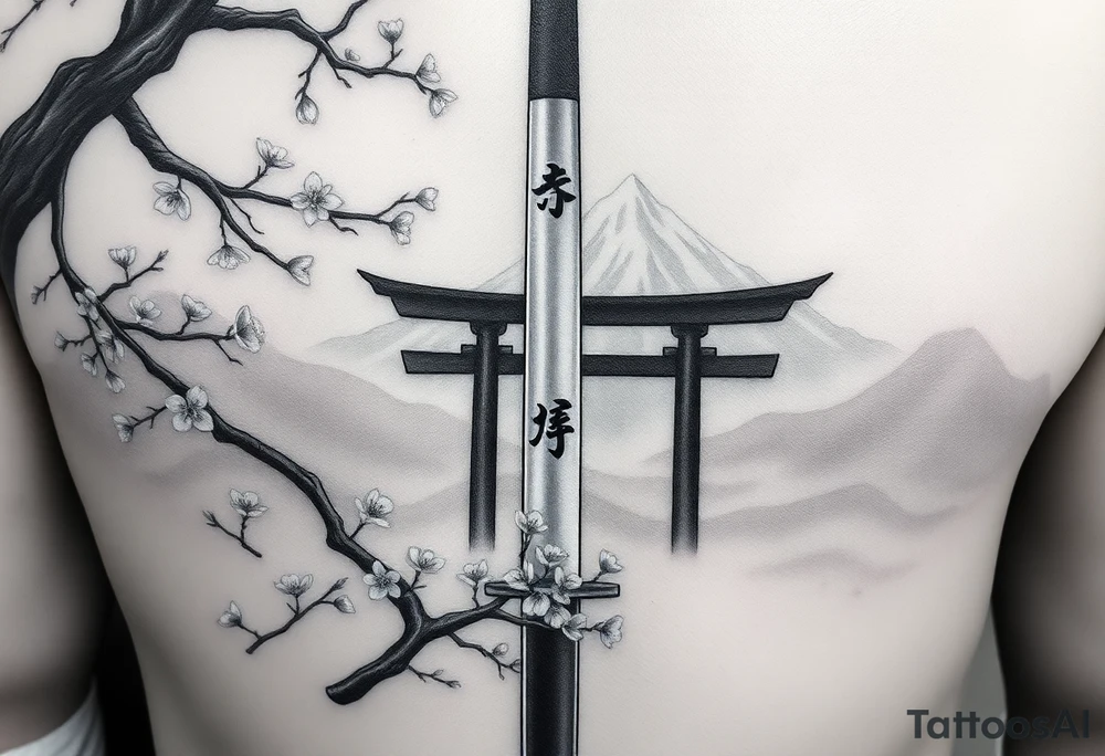 This is a black and gray realism tattoo rooted in discipline, duality, and intention. The centerpiece is a vertical katana, modeled after your original ink, clean and upright like a spine—symbolizing focus, precision, and grounded energy. It’s wrapped in the flowing limbs of a sakura tree, not as an accessory, but as an extension of the blade itself—representing beauty that blooms in adversity. Cherry blossoms aren’t scattered for aesthetics—they move with the wind, some drifting in the foreground, others clinging to the sword like it’s their protector. Behind it all sits a misty torii gate and layered mountains, giving the piece weight, history, and spiritual context. The kanji 平和の剣 (“Sword of Peace”) rides the piece vertically, not slapped on but earned—a message that resonates from the blade outward. The shading is deep and unifying, giving everything one breath, one tone, one story. Nothing floats, nothing competes. The sword doesn’t dominate the art—it becomes the axis around which peace, nature, and power orbit. tattoo idea