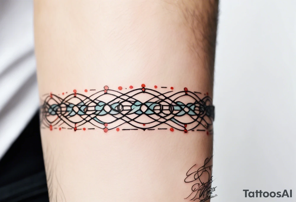 armband tattoo, masculine, narrow, horizontal with atoms chain pattern tattoo idea
