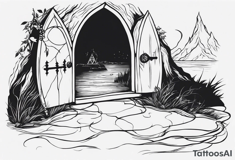 Lord of the rings and Harry Potter movie mashup. Small and simple. Not too much artistic detail. Hobbit door hole, wands, elvish writing, deathly hallows tattoo idea