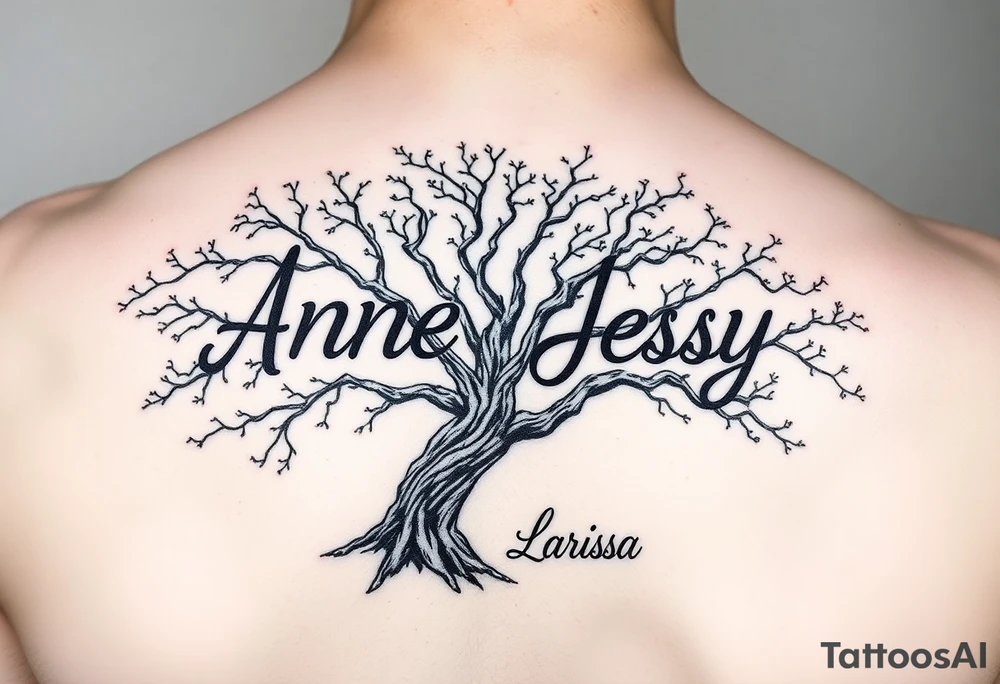 the name, Anne, Jessy
 on a live tree the name Larissa under the tree tattoo idea