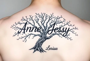 the name, Anne, Jessy
 on a live tree the name Larissa under the tree tattoo idea