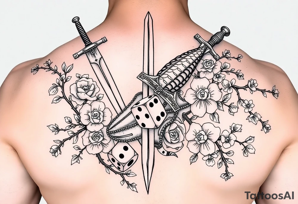 knight and sword and squid intertwined with climbing roses and thorny vines with cherry blossoms rolling dice tattoo idea